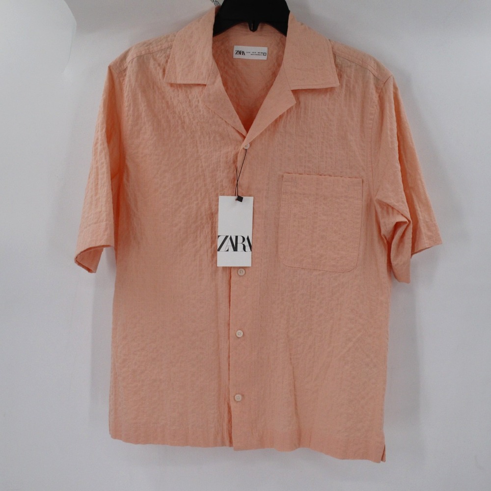 NWT Zara camp Shirt Mens Small peach seersucker Cotton Blend Short Sleeve pucker